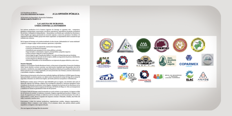 Posicionamiento público contra la extorsión en la Laguna de Durango